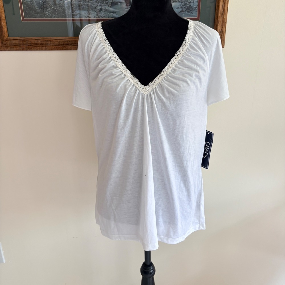 Chaps Classics Blouse Womens XL White Crochet V-Neck Short Sleeve Relaxed Top